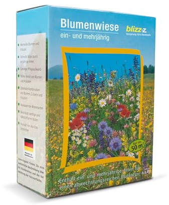 blizz-z Blumenwiese ein-/mehrjährig 500 g Karton für ca. 50 m² - 1 Karton | lange, abwechslungsreiche Blütendauer, winterhart - Nahrung, Rückzugsmöglichkeit für Insekten, Nützlinge - Made in Germany