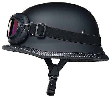 Motorcykelhjälm Vintage Tysk Stil Halvhjälm Med Glasögon Män Kvinnor Mopedhjälm DOT Godkänd Cruiser Chopper Scooterhjälm Vintage Jethjälm(Matt black,M=(57~58cm))
