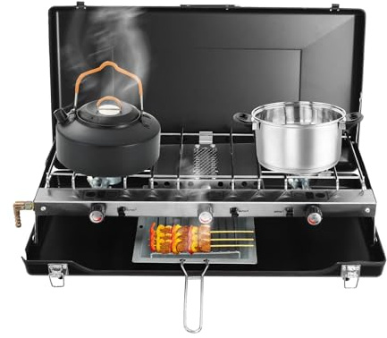 RjcdOPL Réchaud d'Extérieur Portable avec 3 Brûleurs 1500W, Pliable et Compact, Alimenté par Propane/Butane, Idéal pour Camping, Caravaning, Barbecue en Plein Air