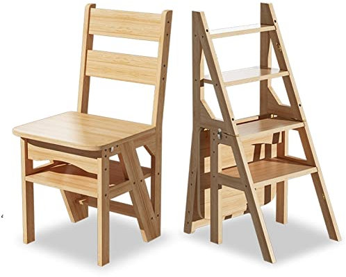 DONGGANSHI Wooden Step Ladder Chair Household Folding 4 Step Ladder Stool Stepladder/Stairway Chairs, Foldable Library Climb Ladder Step Stool for Kitchen and Office, Heavy Duty 150kg Capacity