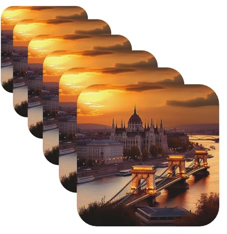 Lot de 6 dessous de verre avec support en cuir pour boissons, coucher de soleil à Budapest, ensemble de sous-verres décoratifs pour bar, bière, boissons, facile à nettoyer, tapis de tasse à café en