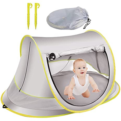 Pop Up Strandzelt,Baby Strand Zelt mit Pool,Tragbar Baby Strandzelt UV-Schutz Baby Sonnenschirm Zelt mit Aufbewahrungstasche,Wasserdichtes Sun Shelter Campingzelt für Picknick Garten (Grau, Klein)