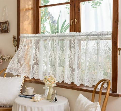 Yaland Amerikanischer Jacquard Kurzvorhang Spitzen Blumenmuster Scheibengardine mit Wellensaum Küchengardine mit Stangendurchzug Kleinfenster 1 Stück Weiß HxB 60x120cm