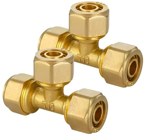 Lot de 2 raccords à vis en T en laiton pour tube en cuivre - Raccord en T de compression réduit 16 x 2,0 mm - Raccord à bague de serrage pour tube composite en aluminium et tuyau multicouche