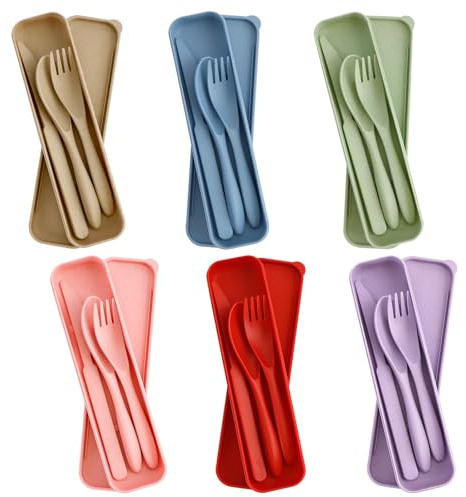 Mulaibdin 6 Stk Camping Besteckset Kunststoff, Reisebesteck mit Etui, Feldbesteck für Unterwegs, Campingbesteck Plastik, Plastikbesteck Mehrweg mit Löffel Messer Gabel für Picknick,Outdoor,Schule (B)