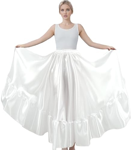 MUNAFIE Jupe longue en satin pour femme - Jupe de danse du ventre - Costume de danse du ventre pour la performance - Carnaval, A-blanc., taille unique