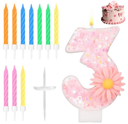 YOFDAL 1 Pezzi candela rosa a forma di girasole, 10 pezzi candele multicolori, Candele compleanno, Candeline compleanno numeri(3)