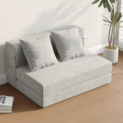 DSNAPE Schlafsessel mit Bettfunktion, 5 in 1 Klappbar Schlafsofa 99 cm Breit Bettsofa mit Kissen & Seitentaschen, Bodenmatratze für Wohnzimmer Schlafzimmer Büro Gästezimmer, Hellgrau