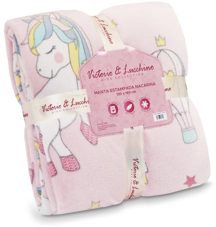 Victorio & Lucchino – Manta Infantil de Sedalina Estampada con Reverso de Sherpa a Contratono | Suave, Cálida y Ligera | Estampados Infantiles | Tamaño 130x160 cm (VL-80530-UNICORNIOS)