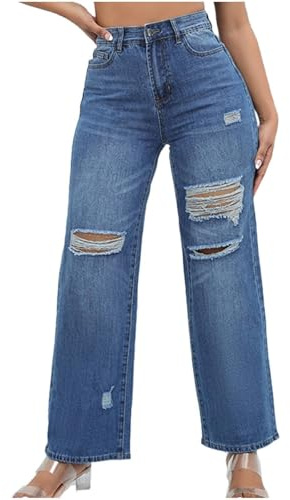 Jeans med raka ben kvinnor hög midja, rippade breda ben jeans push-up rumplyft stretchbyxor komfort säckiga damer denimbyxor med flera fickor avslappnade raka byxor, Mörkblått, M