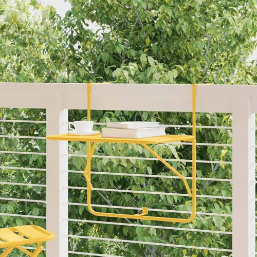QZZCED Balkonhängetisch, höhenverstellbar, zusammenklappbar, Senfgelb, 60 x 39 x 65 cm, aus wetterfestem Stahl, für Terrasse oder Garten, kompaktes Design und weiche Oberfläche