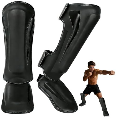 Espinilleras de Kickboxing para Muay Thai y MMA para Adultos con protección del Empeine. Protector de piernas Ajustable de Cuero PU con Acolchado EVA. Equipamiento de Entrenamiento