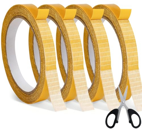 Aixxikum 4 Rouleaux Ruban Adhésif Double Face pour Ourlet 1,5 cm x 10m, Heavy Duty Double Sided Adhesive Tape, pour Vêtements, Rideaux, Pantalons, Jupes, Tapis, Pas de Couture Repassage