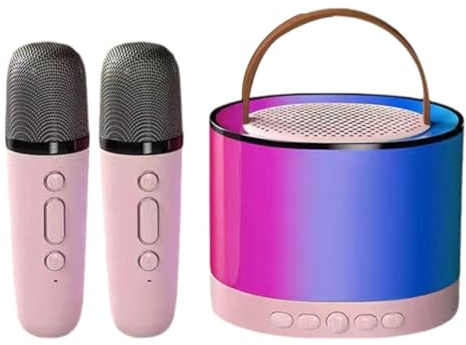 Ounfhtrttk Mini Máquina de Karaoke Rosa con 2 Micrófonos Inalámbricos, Altavoz Bluetooth Portátil