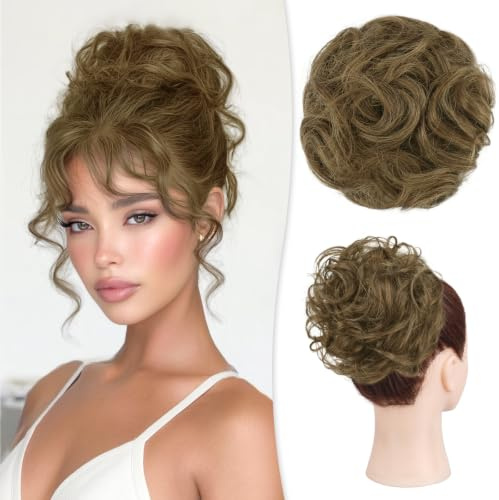 RUWISS Haarteile Echthaar Dutt Große, Messy Bun Echthaar Haarteil Scrunchie Locken Dutt Extension mit Gummiband für Damen 32g Hellbraun