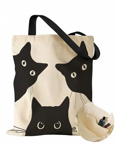 BIRLOZA Borsa in Tessuto Stampato, Borsa Shopping Estetica con Gatti Neri e Chiusura a Pressione, Tasca Interna, Tote Bag in Tela, Regalo per Mamma e Fidanzata (Nero)
