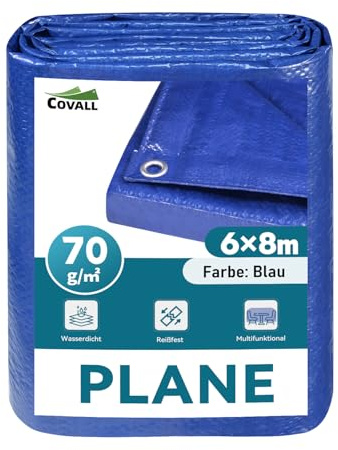 COVALL Telone Impermeabile 70g/mq - Telo con Occhielli in Alluminio - Antistrappo per Esterno, Piscina Fuori Terra, Giardino e Campeggio - Copertura Multiuso Blu 6x8m