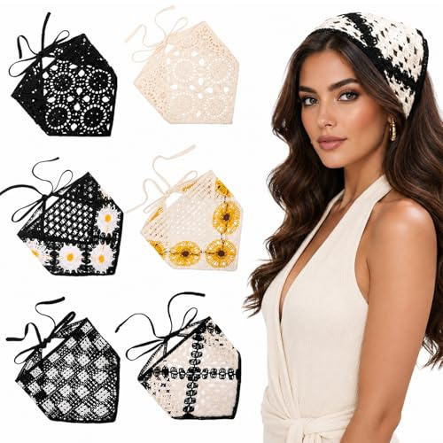 FrostyFlair Dreieckiges Kopftuch, Kopftuch & Haartuch Damen, 6 Stück Häkel- und Strick-Bandanas