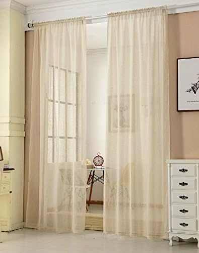 WOLTU 2er Set Gardinen, Vorhänge für Wohnzimmer Kinderzimmer Schlafzimmer, mit Kräuselband, Leinenoptik, Halbtransparent Voile, 140 x 225 cm, Sand