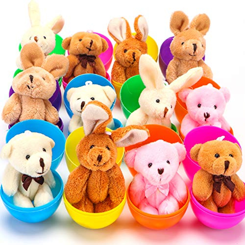 NEWBEA 12 Pack Prefilled Easter Eggs with Stuffed Animals,3.15 Plastic Easter Eggs Filled with Toys,Perfect for Kids