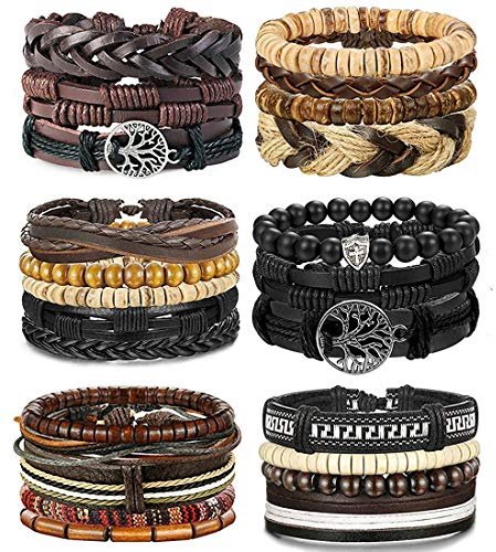 BESTEEL 24 Piezas Cuero Pulseras Árbol de la Vida para Hombre Mujer Trenzado Pulsera Cuentas de Madera Cuerda Brazalet Vintage Pulsera Ajustable