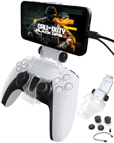Joso PS5 Controller Phone Mount Clip, Clip-Halterung für PS5 DualSense Wireless Controller, Unterstützung iPhone, Android mit PS Remote Play mit OTG USB Typ C & Micro USB Kabel, 4 Daumen Griffkappen