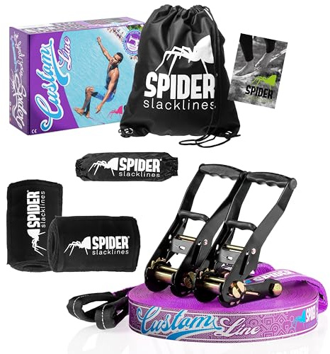 SPIDER SLACKLINE TKSA5 - Custom Slackline Kit erfahrene Slackliner oder Anfänger - Komplettset mit Gurtband Länge 35m mit 2X Ratschen