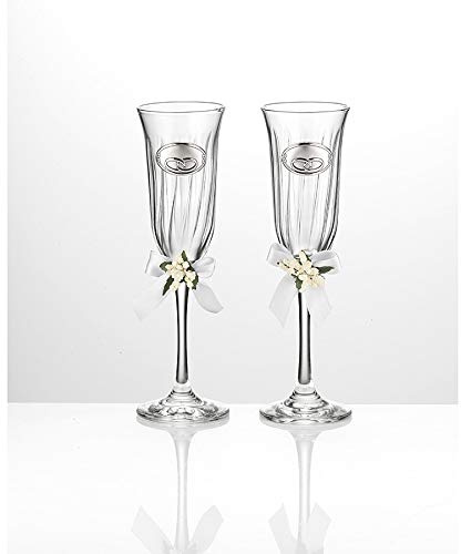 Coppia di Flutes di Valenti. Coppia di Flutes in Cristallo con Applicazione in Argento Laminato, Ideale per Regalo di Nozze. Altezza 22 cm. La referenza è 16506