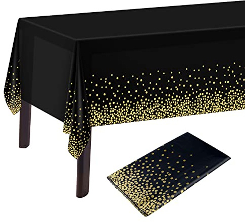 PLULON 2Pcs Black Gold Dot Tablecloth - 137 x 274cm Plastic Rectangle Table Cover for Black and Gold Party Birthday Table Decorations