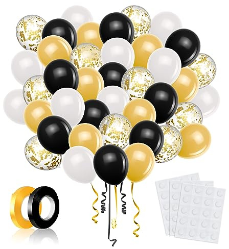 LAPONO Luftballons Schwarz Gold Weiß 60 Stück, Konfetti Luftballons aus Latex, Ballongirlande Deko Set mit Band und Klebepunkten für Geburtstag, Hochzeit, Silvester, Abschlussfeier, Jahrestag
