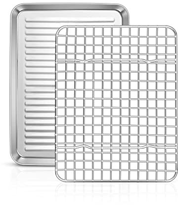 Homikit Teglia da forno con griglia di raffreddamento, in acciaio inox, piccola teglia da forno e griglia per friggere, 26,5 x 20,5 x 2,5 cm, lucidata, lavabile in lavastoviglie