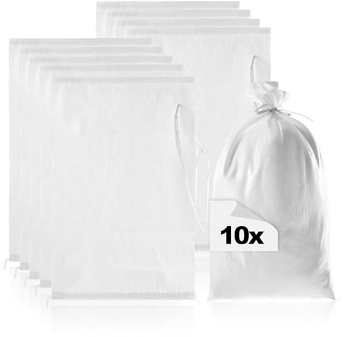 COM-FOUR® 10x Sandsack bis 20kg, Premium PP Sack mit Befestigungsband | extrem robuster Gewebesack mit Schnürband - widerstandsfähiger Hochwasser-Schutzsack