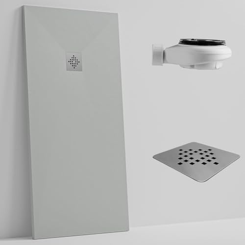 SOULBATH Plato de Ducha - Resina - Textura Pizarra - Antideslizante - Color Gris - 160x80- Extraplano - Gel-Coating® - Incluye Válvula desagüe+Rejilla