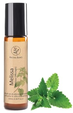 AROMA BANO Roll-On Olio Essenziale Melissa 10ml con Olio di Jojoba – 100% Naturale e Puro, Pronto all’Uso – Oli Essenziali Naturali per Aromaterapia, Profumo Delicato Erbaceo, Applicazione Topica