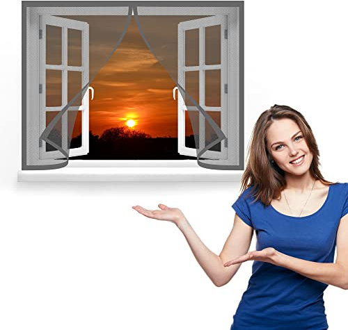 Fliegengitter Fenster 85 x 200 cm, Insektenschutz Magnet Fliegengitter, Einfache Installation für Windows/Wohnzimmer Fenstern, Grau