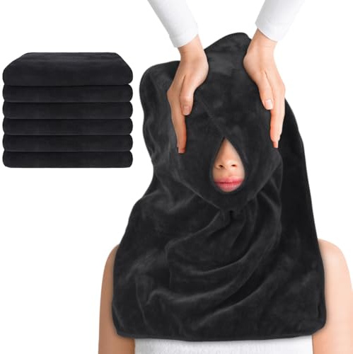 SINLAND Microfiber Esthetician Towels for Facials Face Wrap Black 6 Pack | 20x15.7Inch, Mask Removing, Soft Facial Cloth, Split Design, Spa Towels for Facial Steam Massage and Cleansing