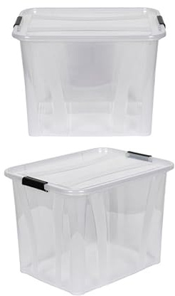 Kreher® XL Aufbewahrungsboxen mit Deckel aus Lebensmittel-geeignetem Kunststoff in Transparent. Stapelbare Lagerboxen für Haushalt, Garage, Industrie (55 Liter, 2er Set)