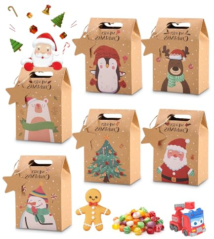 SOBEAU Presentpåsar jul, 24 stycken julpåsar, presentpåsar med handtag, 14 x 9,5 x 6 cm godispåsar gjorda av kraftpapie, julpåsar att fylla och kaka påsar, presentförpackning jul