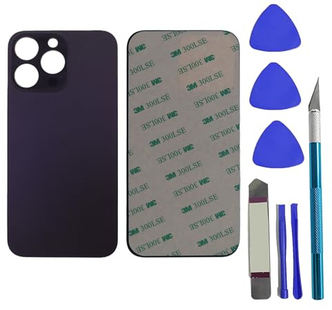 14 Pro Max - Vetro posteriore di ricambio per iPhone 14 Pro Max, con adesivo preinstallato e kit di attrezzi per riparazione, colore: viola intenso