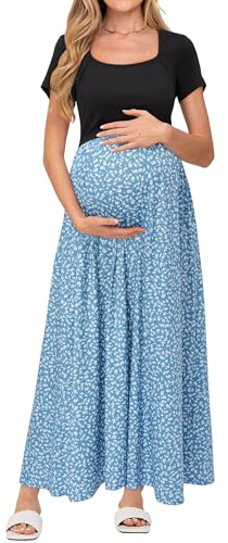 OUGES Dam 2024 sommar moderskap maxiklänning för fotografering kortärmad baby shower avslappnad lång klänning med fickor, Ljusblå blommig, S