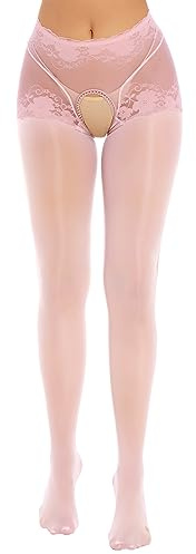 Xnihocha Damen Erotik Strümpfe Sexy Offen Ouvert-Hose Durchsichtig Glänzende Strumpfhose offenem Schritt Leggings Elastisch Kniestrümpfe Rosa L