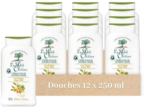 LE PETIT OLIVIER - Crème Douche Extra Douce & Hydratante (lot de 12x250ml) - Lait d'Argan - PH Neutre Pour La Peau - Sans Savon, Sans Colorant - Fabriqué En France - 500 ml