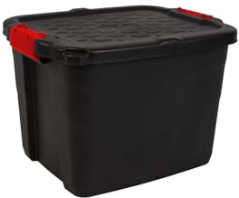 Strata Robuste Große Aufbewahrungsbox Mit Deckel, 42 L, Abschließbar, Innen- Und Außenaufbewahrung, Clipschloss, Schwarz Mit Roten Griffen