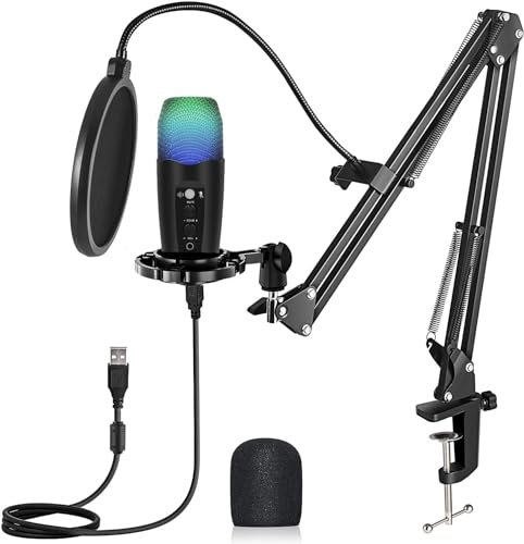GKEAPZA Streaming microphone with boom, USB condenser microphone, professional PC microphone with cardioid characteristic, for podcasting, studio recordings, games, YouTube