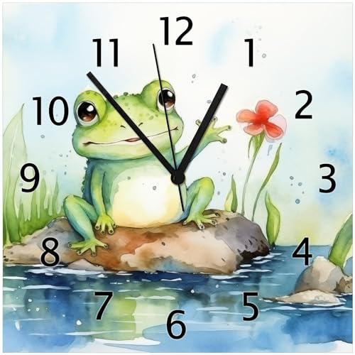 Wallario Design-Wanduhr Frosch in Aquarell aus Glas, Motiv-Uhr Größe 30 x 30 cm, Schwarze Zeiger