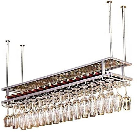 IBOWZ Deckenregal Decken Weinregal Decken-Weinregal aus Metall, höhenverstellbar, 2-lagiges industrielles Eisenregal, Weinglashalter, Restaurants/Bars/Heimdekorationsregal