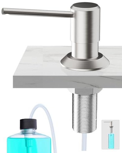 Poveta Seifenspender Küche Einbau, Spülmittelspender Küche für Spülbecken | Soap Dispenser mit 300ML Flasche und 1,2 m Schlauch, Seifenspender aus Kupfer, Oben Befüllen, Gebürsteter Edelstahl