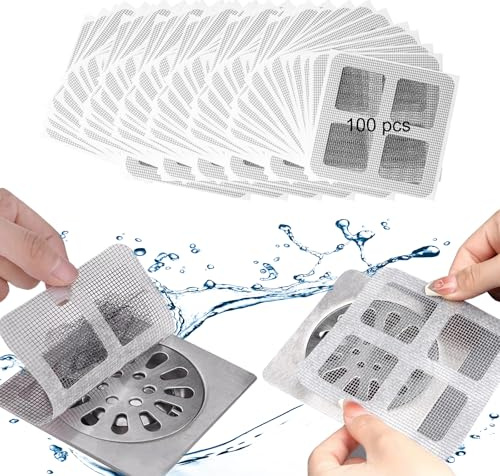 Qaestuan 100 Stück Abfluss Haarfänger, Wegwerfbare Duschabfluss Haarfänger Netzaufkleber, Haarsieb Dusche, Selbstklebender Haarfilter Abflusssieb, für Waschbecken, Duschen, Badewanne und Küche