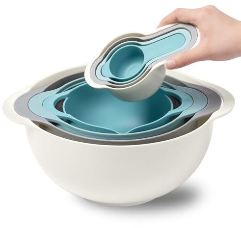Juego de 8 cuencos de plástico para mezclar, cuencos anidados con asa, incluye 2 cuencos para mezclar, 1 colador, 1 tamiz, 4 tazas medidoras para cocina, hornear, accesorios de camping para ahorrar
