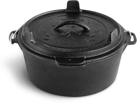 Dutch Oven BURNHARD® Fonte, 5,6 l, Couvercle multifonction, Levier de couvercle, pour Barbecue & Foyer, idéal pour Ragoûts – Little John